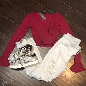 NWT Revamped cropped, burgundy, v-neck sweater